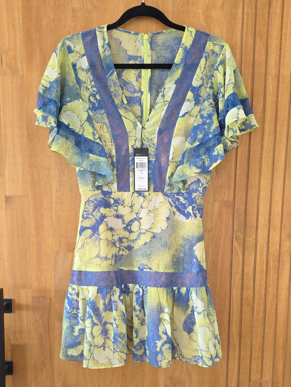 BCBGMaxAzria Yellow and Blue Floral Ruffle V-Neck Mini Dress